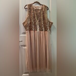 Boohoo Plus Sequin and Tulle Prom Dress in Gold and Pink